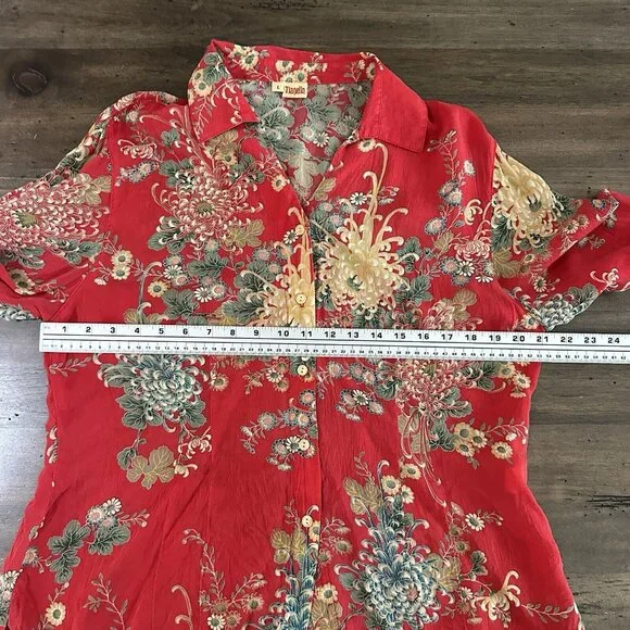 Tianello Womens Top Blouse Sz L Suzy Button Up Red Boho Floral Rayon USA Artsy - Picture 8 of 12